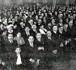 THE FELSHTIN LANDSMANSCHAFT (SOCIETY OF COUNTRYMEN) IN NEW YORK. The photograph was taken of an assembly in Beethoven Hall, especially for the book. (Photo by D.H. Simon, D’Arlene Studios, 375 Fifth Avenue, New York, N.Y.) Felshtin Yizkor book, 1937, ©1937 First Felshteener Benevolent Association.